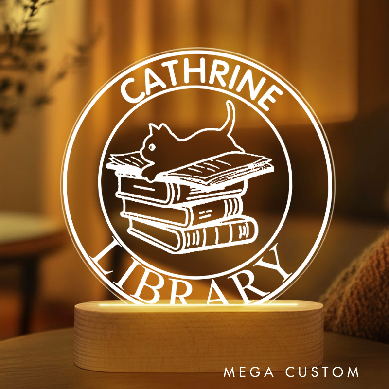 Personalized Book Lover LED Night Light with Name Custom Floral Cat Night Light Bookish Reader Decor Book Lover Gift Bookish Gift