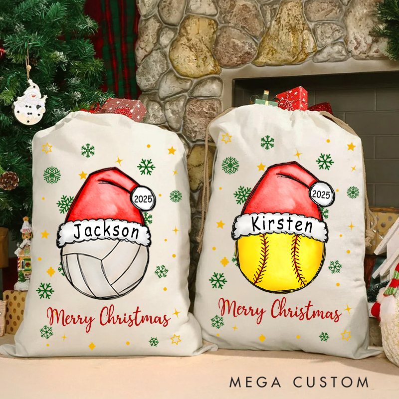 Personalized Merry Christmas Sack with Sports Ball and Custom Name and Year  