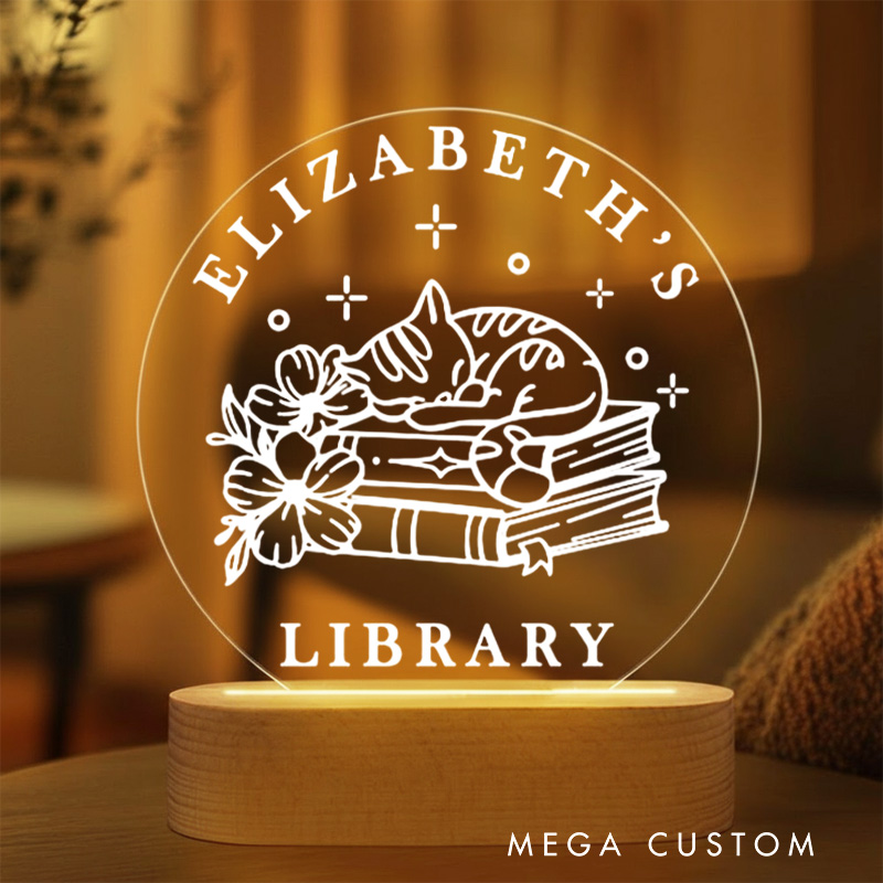 Personalized Flower Book Night Light with Name Floral Cat Bookshelf Sign Light Readers Light Book Lover Gift Bookish Gift