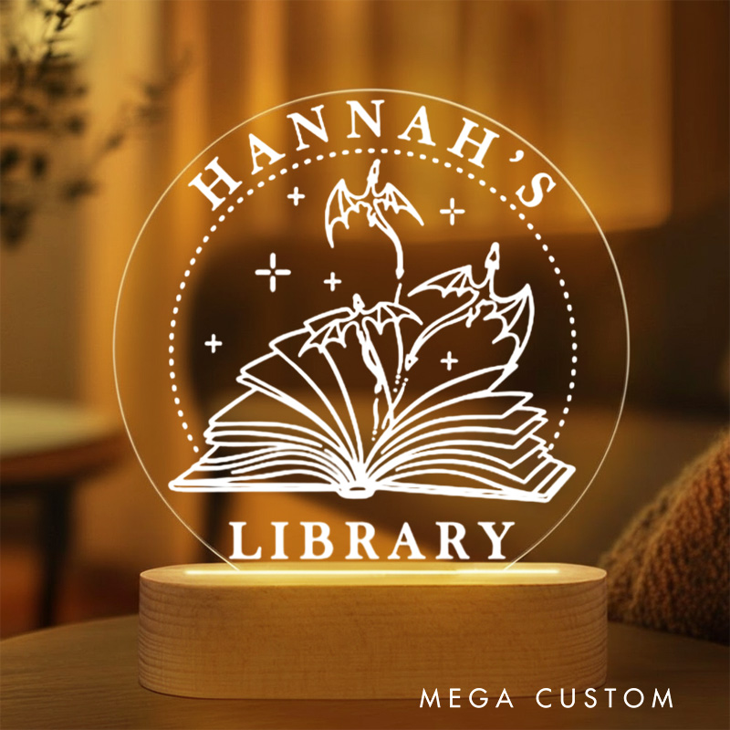Personalized Fantasy Book Night Light with Name Dragon and Book Bookshelf Sign Light Readers Light Book Lover Gift Bookish Gift