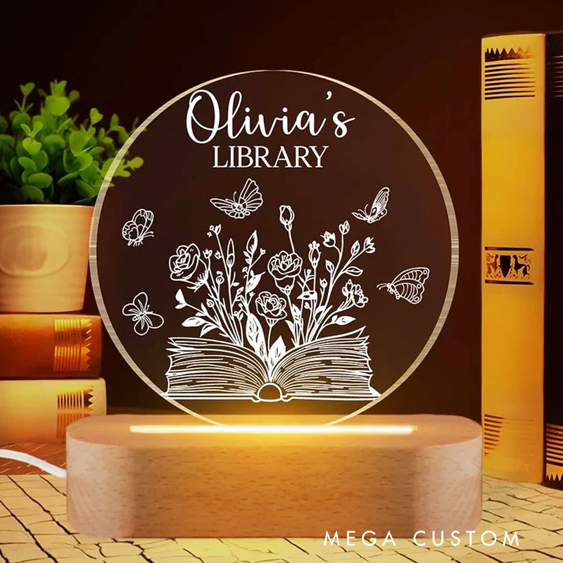 Personalized Reading Night Light Name's Library Sign Light Bookish Bookshelf Light Butterflies Book Gift Book Lover Gift Bookish Gift