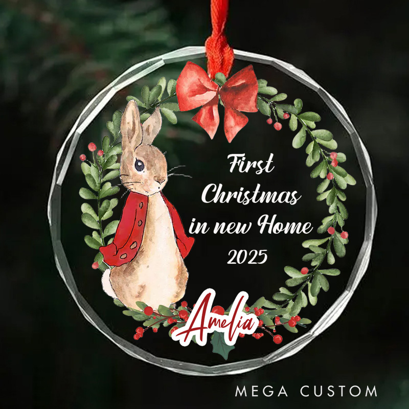 Personalized First Christmas in New Home Ornament 2025 Bunny and Festive Wreath Design Custom Holiday Decoration for New Homeowners Memorable Keepsake Gift
