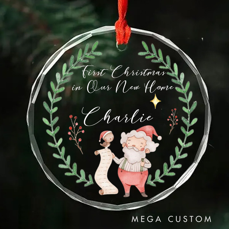 Personalized First Christmas in Our New Home Ornament 2025 Santa and Wreath Design Custom Holiday Decoration for New Homeowners Festive Keepsake Gift