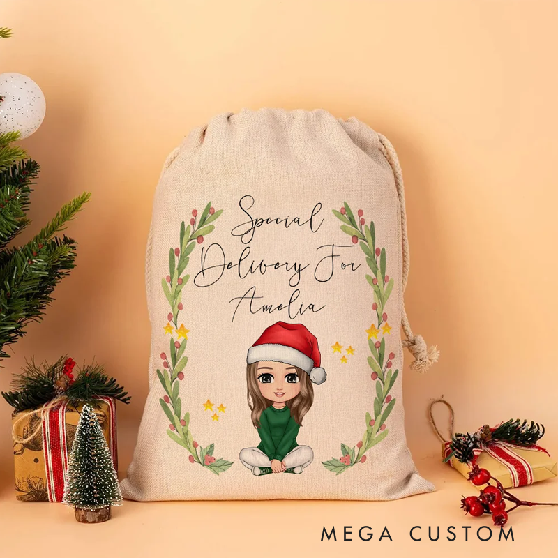 Personalized Cartoon Character Special Delivery Christmas Sack Drawstring Treat Bag with Name Christmas Party Favor Gift 