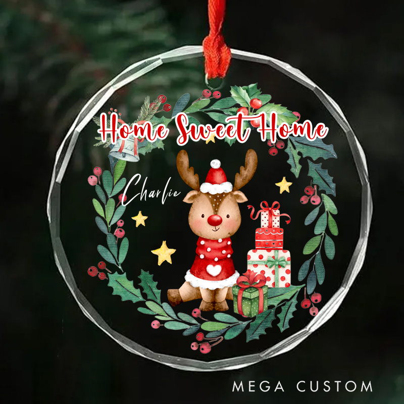 Personalized Home Sweet Home Christmas Ornament 2025 Reindeer and Gift Wreath Design Custom Holiday Decoration for New Homeowners Festive Keepsake Gift