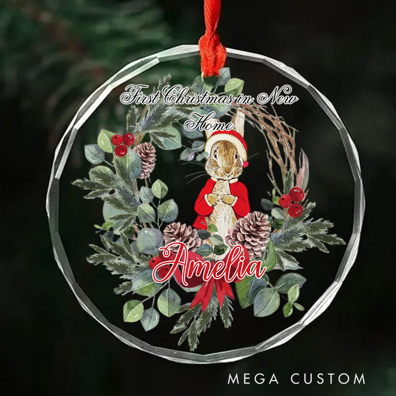 Personalized First Christmas in New Home Ornament 2025 Festive Bunny and Pinecone Wreath Design Custom Holiday Decoration for New Homeowners Keepsake Gift