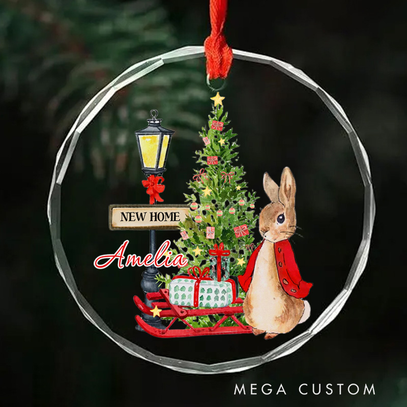 Personalized First Christmas in New Home Ornament 2025 Festive Bunny with Christmas Tree and Sleigh Design Custom Holiday Decoration for New Homeowners Gift