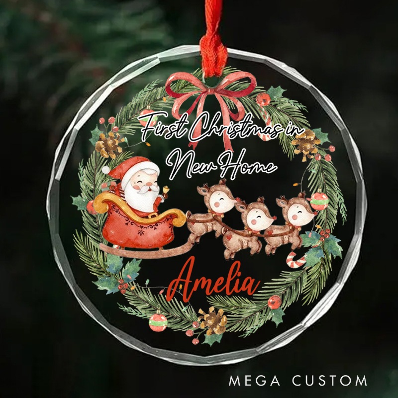 Personalized First Christmas in New Home Ornament 2025 Santa Sleigh and Reindeer Wreath Design Custom Holiday Decoration for New Homeowners Keepsake Gift