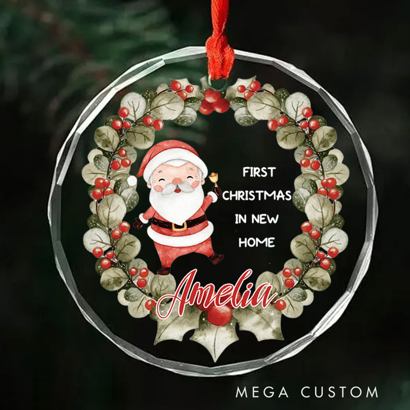 Personalized First Christmas in New Home Ornament 2025 Santa and Holly Berry Wreath Design Custom Holiday Decoration for New Homeowners Keepsake Gift