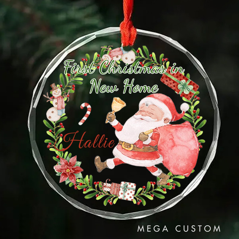 Personalized First Christmas in New Home Ornament 2025 Santa with Gift Bag and Festive Wreath Design Custom Holiday Decoration for New Homeowners Keepsake Gift