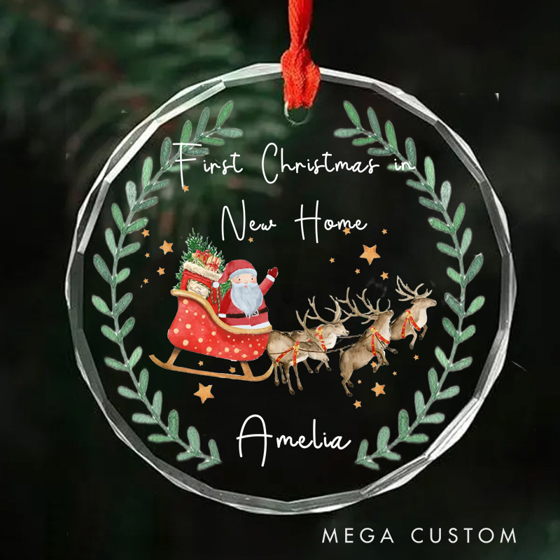 Personalized First Christmas in New Home Ornament 2025 Santa Sleigh and Reindeer Wreath Design Custom Holiday Decoration for New Homeowners Keepsake Gift