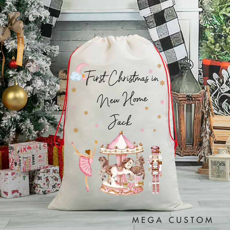 Personalized First Christmas in New Home Gift Bag Carousel and Ballerina Design Custom Canvas Sack Holiday Decoration Perfect for New Homeowners Christmas Keepsake