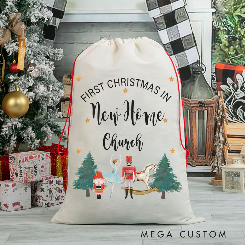 Personalized First Christmas in New Home Gift Bag Nutcracker and Holiday Tree Design Custom Canvas Sack Holiday Decoration Perfect for New Homeowners Keepsake
