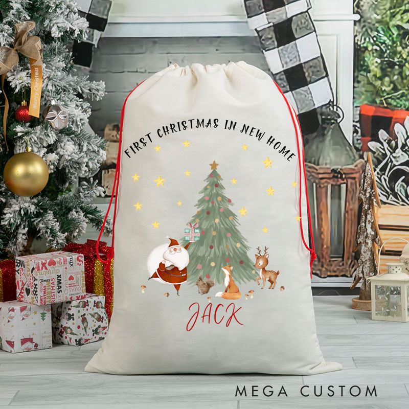 Personalized First Christmas in New Home Gift Bag Christmas Tree and Santa Design Custom Canvas Sack Holiday Decoration Perfect for New Homeowners Keepsake