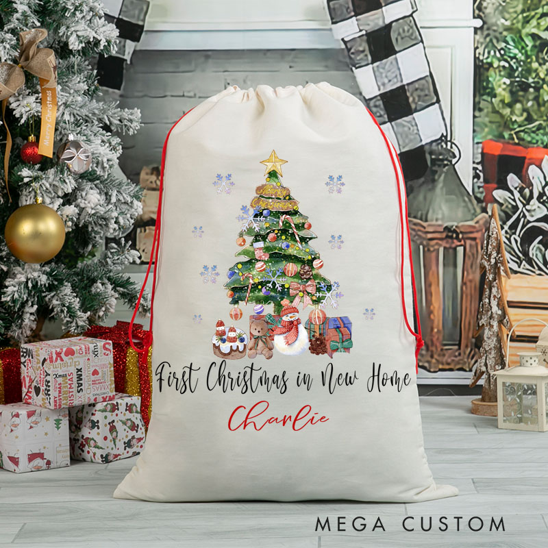Personalized First Christmas in New Home Gift Bag Decorated Tree and Santa Design Custom Canvas Sack Holiday Decoration Perfect for New Homeowners Keepsake