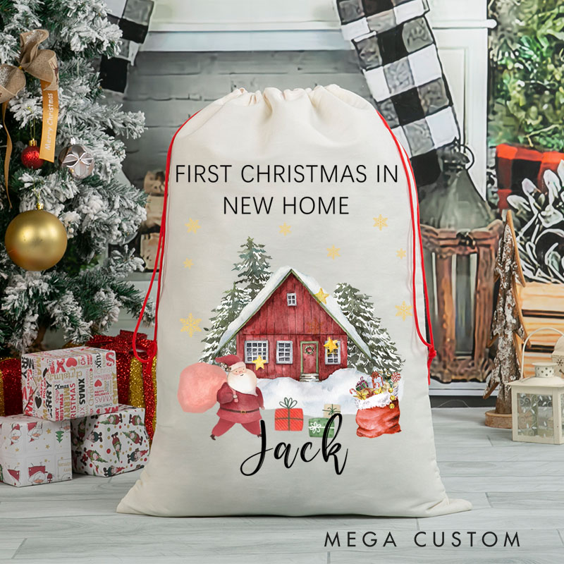 Personalized First Christmas in New Home Gift Bag Red House and Santa Design Custom Canvas Sack Holiday Decoration Perfect for New Homeowners Keepsake