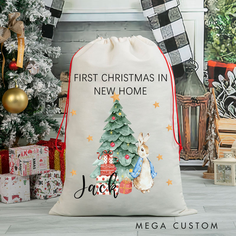 Personalized First Christmas in New Home Gift Bag Bunny and Christmas Tree Design Custom Canvas Sack Holiday Decoration Perfect for New Homeowners Keepsake