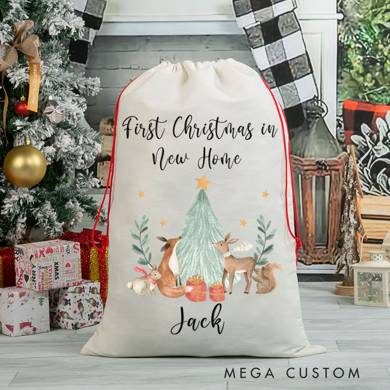 Personalized First Christmas in New Home Gift Bag Woodland Animals and Christmas Tree Design Custom Canvas Sack Holiday Decoration Perfect for New Homeowners Keepsake