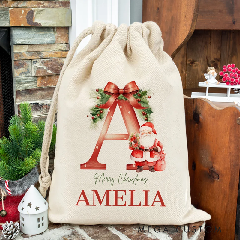 Personalized Santa Initial Merry Christmas Sack Drawstring Treat Bag with Name Christmas Party Favor Gift
