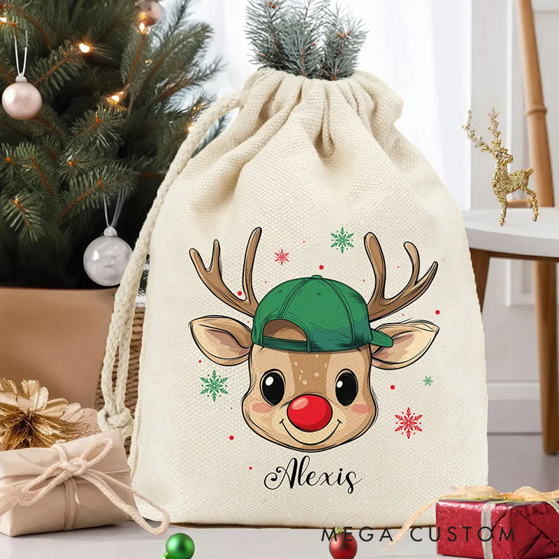 Personalized Reindeer Snowflake Sack Drawstring Treat Bag with Name Christmas Party Favor Gift for Kids Family