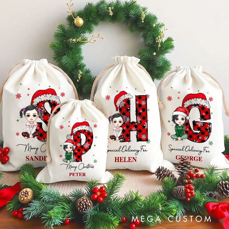 Personalized Christmas Cartoon Character Santa Hat Initial Drawstring Bag Christmas Party Gift for Family Girls