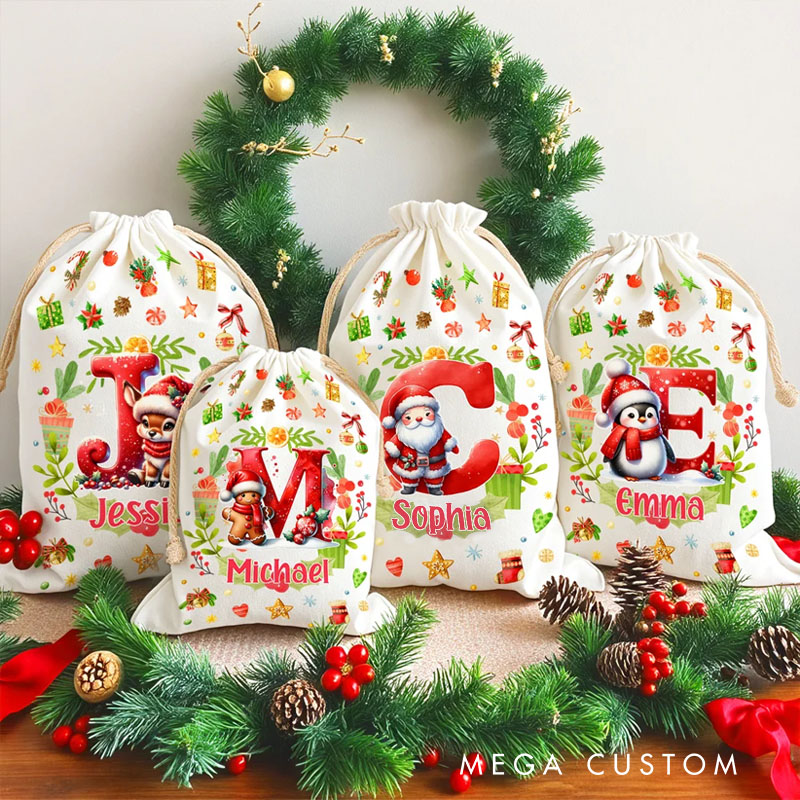 Personalized Snowman Reindeer Penguin Christmas Initial Drawstring Christmas Gift Bag with Name Christmas Eve Party Gift for Kids Family Friends