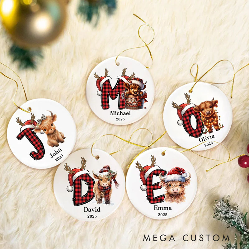 Personalized Highland Cow Christmas Initial Ceramic Ornament with Name and Year Home Decor Christmas Gift for Highland Cow Lover Family Friend