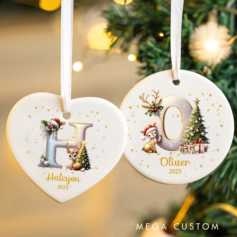 Personalized Reindeer Christmas Tree Initial Heart-shaped Ceramic Christmas Ornament with Name and Year Christmas Decor Gift for Family Friends