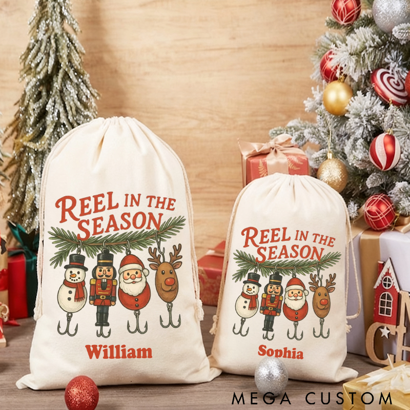 Personalized Fishing Christmas Sack Christmas Gift Bag with Reel in the Season Design Large Capacity Perfect Holiday Gift for Fishing Enthusiast