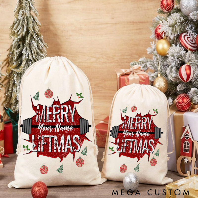 Personalized Cute Cartoon Merry Christmas Sack Family Christmas Gift Wrap Bag Custom Name Funny Merry Liftmas Fitness Santa Sack