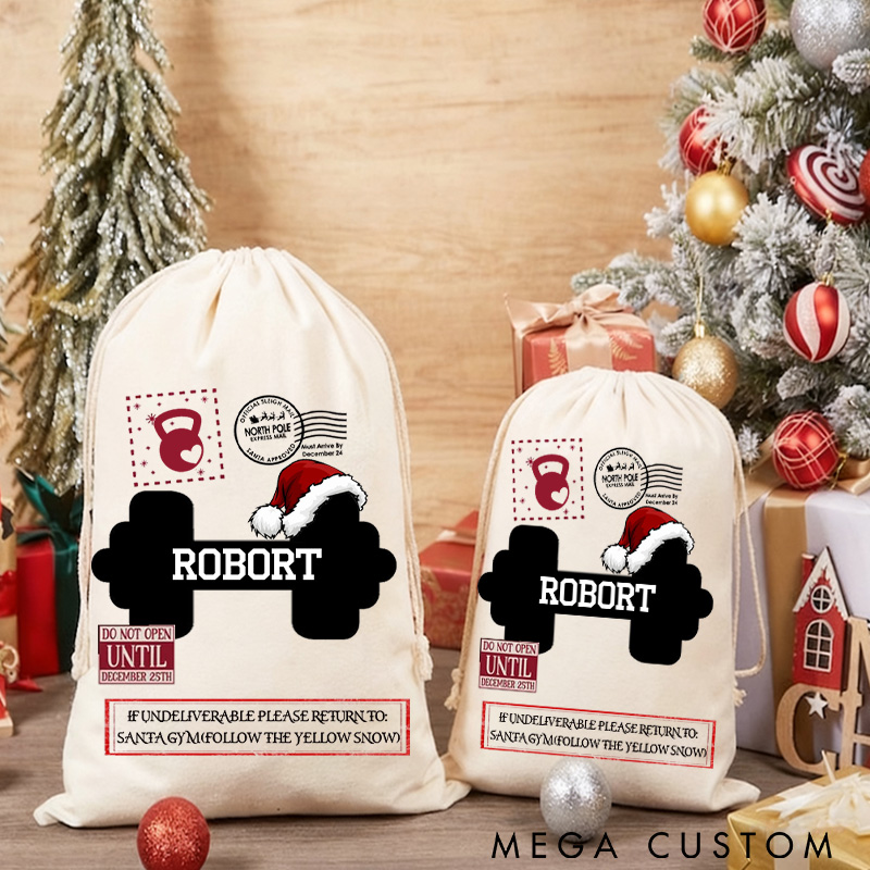 Personalized Cute Fitness Merry Christmas Sack Family Christmas Gift Wrap Bag Custom Name Funny Merry Liftmas Fitness Santa Sack