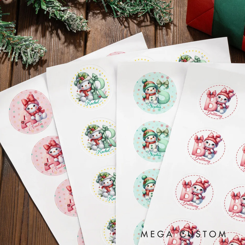Personalized Cute Cartoon Bow Snowman Stickers Labels with Name and Initial Gift Decor Christmas Party Favors for Family Friend Kid