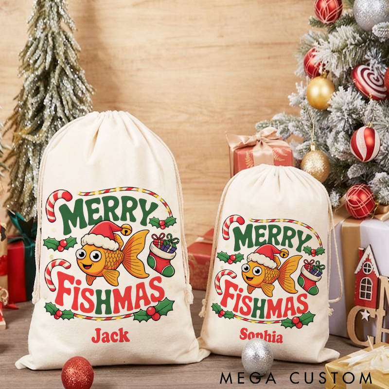 Personalized Fishing Christmas Sack Merry Fishmas Design Christmas Fishing Gift Bag Perfect Holiday Gift for Fishing Lover