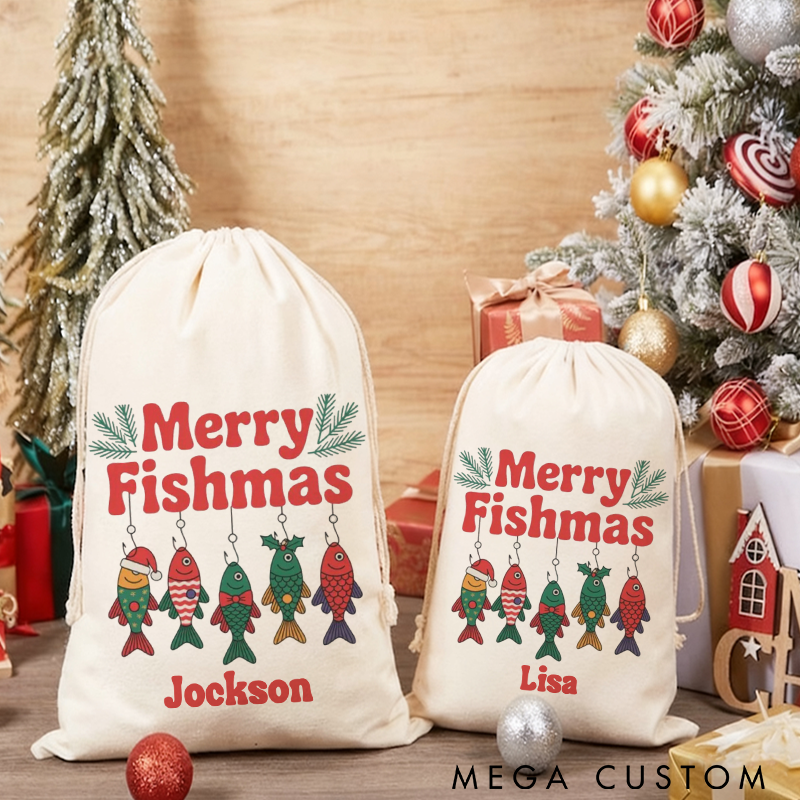 Personalized Christmas Fishing Gift Bag Fishing Christmas Sack Merry Fishmas Design Custom Name Perfect Holiday Gift for Fishing Lover