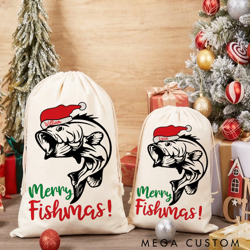Personalized Fishing Christmas Sack Christmas Fishing Gift Bag Merry Fishmas Design Perfect Holiday Gift for Fishing Lover