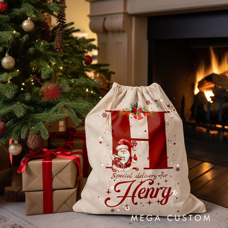 Personalized Santa Initial Christmas Bag with Festive Accents and Name for a Special Holiday Delivery