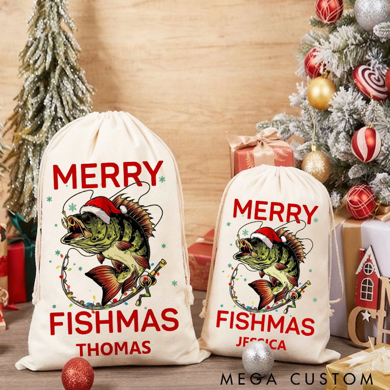 Personalized Fishing Christmas Sack Christmas Fishing Gift Bag Presents Bag Christmas Gift Sack Merry Fishmas Design Perfect Holiday Gift for Fishing Lover