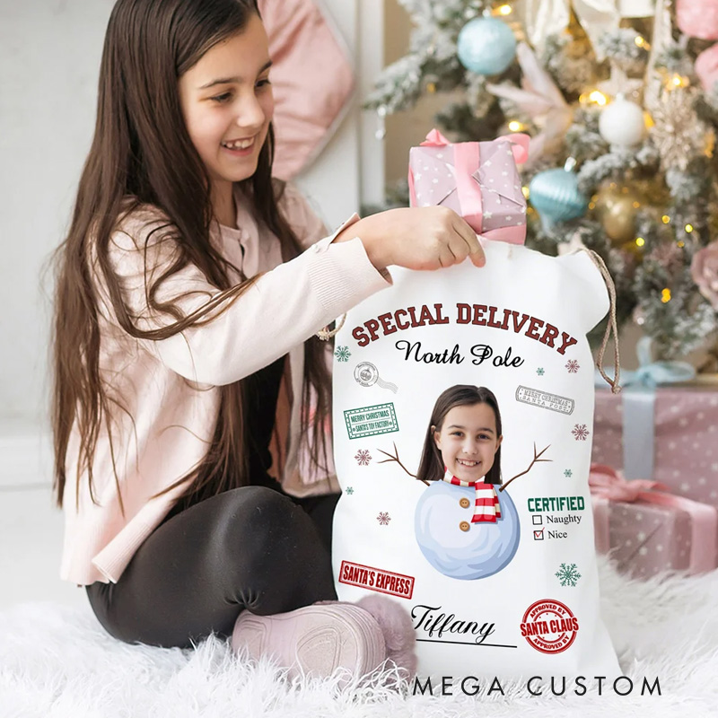 Personalized Special Delivery North Pole Santa Claus Canvas Drawstring Gift Bag with Name and Photo Christmas Gift for Friends Family