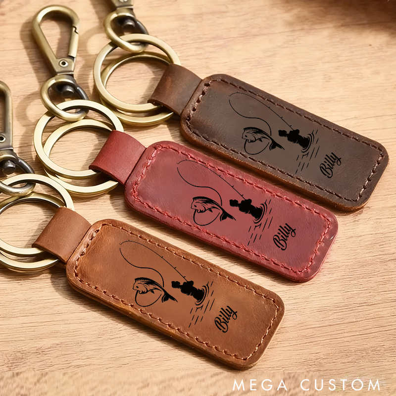 Personalized Leather Keychain Laser Engraved Fishing Keychain for Men Custom Keychain with Name Great Gift for Father's Day or Birthday
