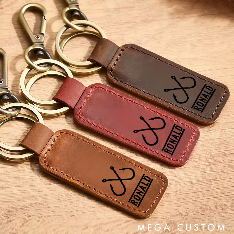 Personalized Leather Fishing Keychain with Hook Design Fishing Keychain Durable and Stylish Gift for Fishermen Dad or Husband