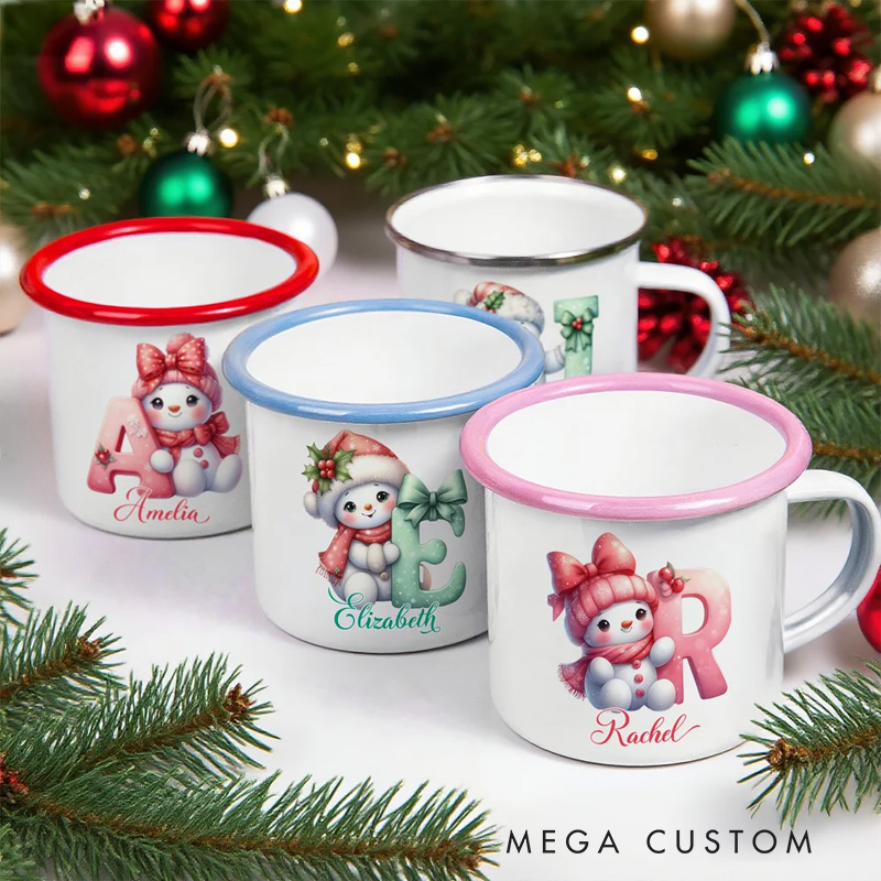 Personalized Cute Bow Snowman 12 oz Enamel Cup with Name and Initial Birthday Christmas Gift for Kids Family Friends