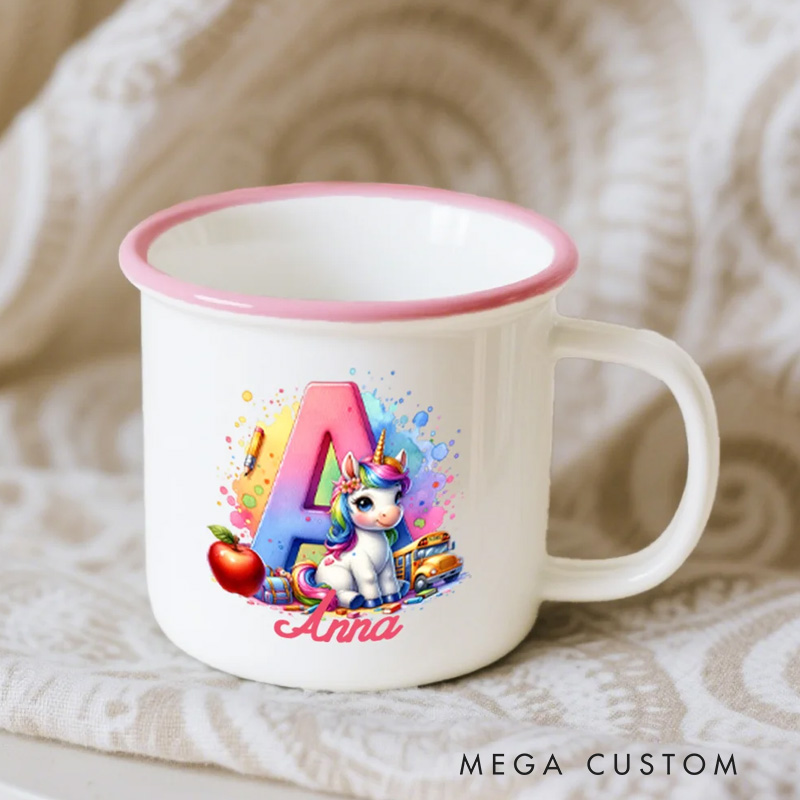 Personalized Fantasy Unicorn 12 oz Colored Rim Enamel Mug with Name and Initial Camping Back to School Birthday Gift for Boys Girls