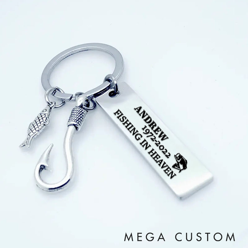 Personalized Fishing Keychain Fishing In Heaven Remembrance Keychain Gift For Remembering Your Loved Fish Hook Ones Stainless Steel Engraved Keychain For Fisherman