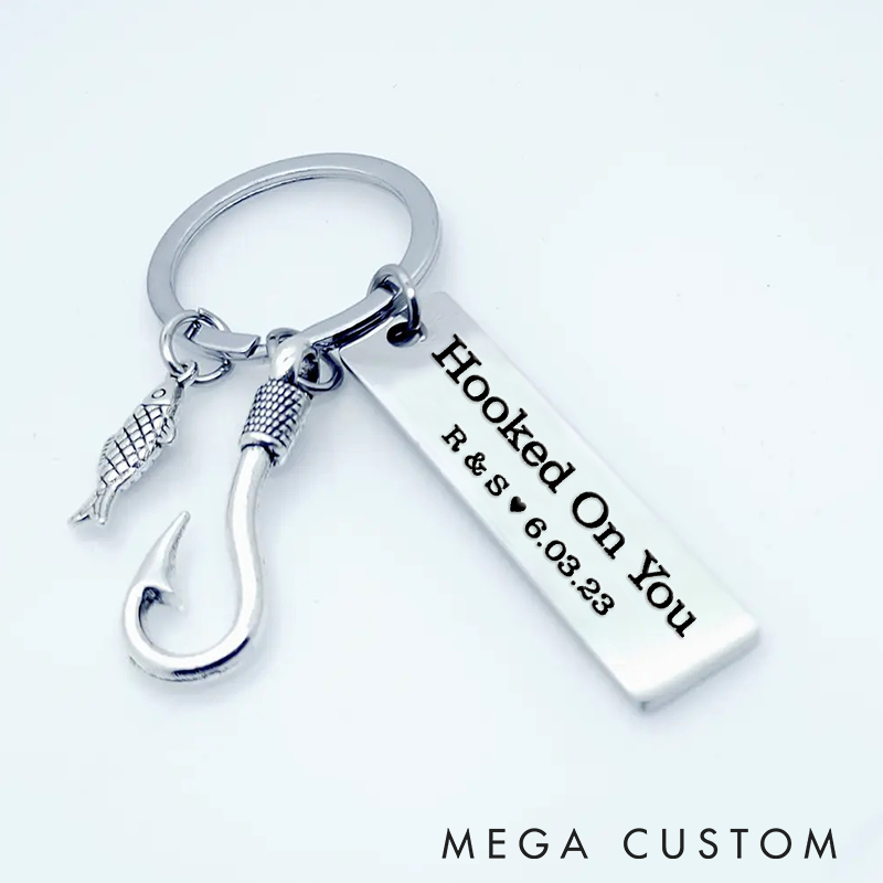 Personalized Fishing Keychain Hooked On You Design with Boyfriend Keychain Husband Gift Perfect Gift for Fishing Lover