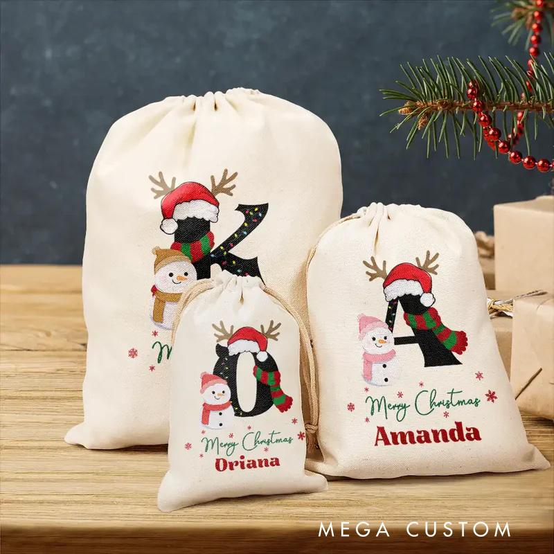 Personalized Festive Initial Christmas Bag with Snowman and Reindeer Details and Name for a Merry Holiday Season