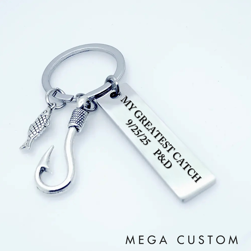 Personalized Fishing Keychain My Greatest Catch Design Custom Time and Initials Romantic Gift for Couples Durable Metal Keyring
