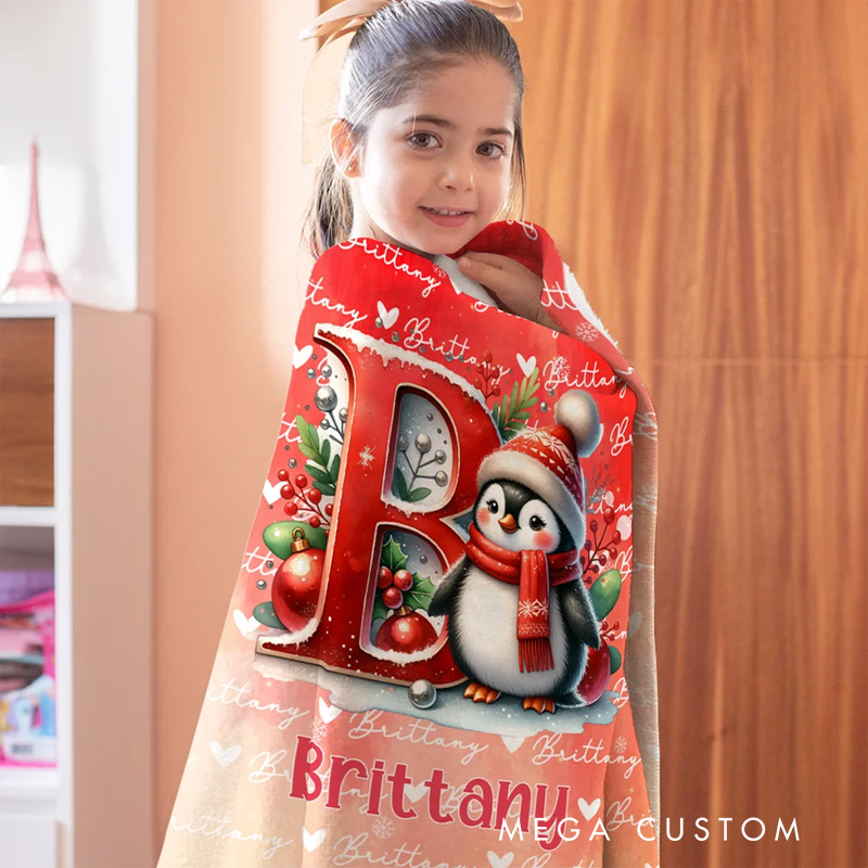 Personalized Santa Hat Snowman Penguin Initial Word Cloud Soft Throw Blanket with Name Home Decor Christmas Gift for Kids Family