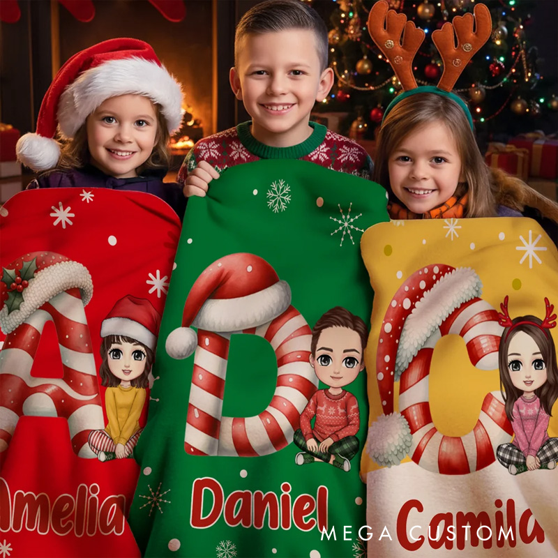 Personalized Christmas Initial Cartoon Character Soft Throw Blanket with Name Home Decor Christmas Gift for Family Friends