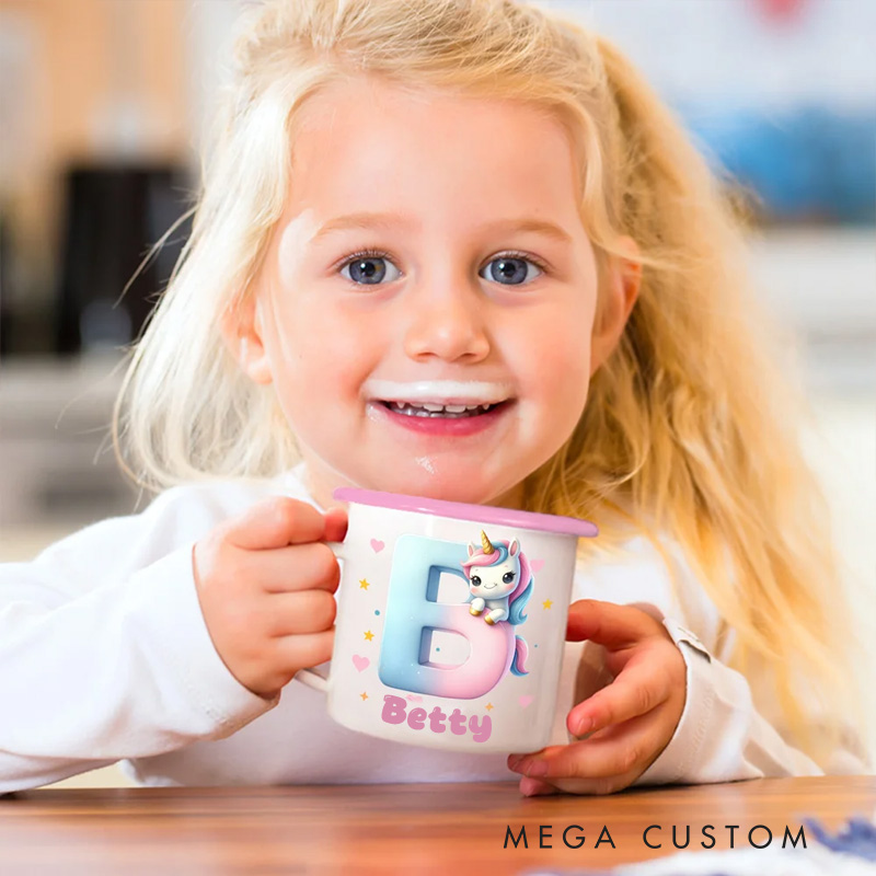 Personalized Fantasy Unicorn Dinosaur 12 oz Multicolor Rim Enamel Mug with Name and Initial Birthday Back to School Gift for Kids