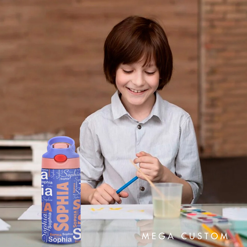 Personalized Colorful 12oz Name Water Bottle with Silicone Straw and Spill Proof Lid Children's Day Back to School Gift for Kids